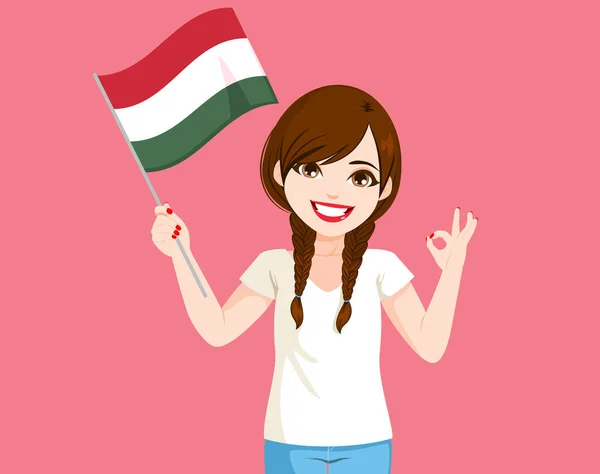 분홍색 배경으로 헝가리 국기를 아름다운 헝가리 여자가 손으로 손짓을 — 스톡 벡터