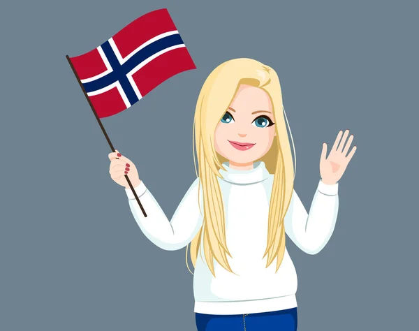 Hermosa Rubia Pelo Largo Mujer Noruega Ondeando Bandera Noruega Saludando — Archivo Imágenes Vectoriales