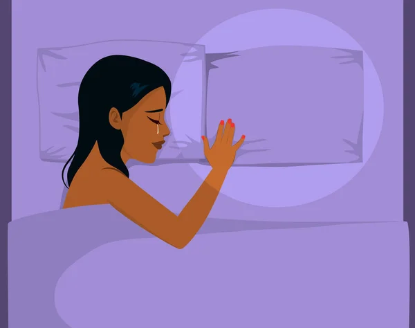 Joven Mujer Negra Triste Acostada Sola Cama Llorando Sintiéndose Sola — Vector de stock