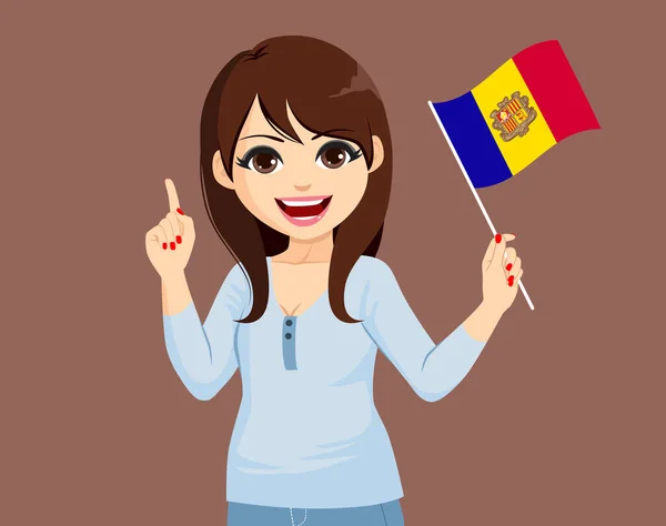 Linda Jovem Morena Feliz Segurando Andorra Bandeira Apontando Dedo Mão — Vetor de Stock