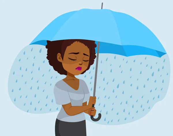 Young Black Woman Depressed Raining Umbrella Depression Concept — Stock Vector