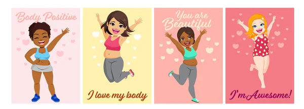 多样化的女性女性主义身体正垂直卡片设计爱自己的人物形象概念 — 图库矢量图片