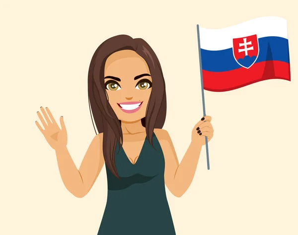 슬로바키아 여자가 슬로바키아 국기를 흔들며 경례를 매력적 — 스톡 벡터
