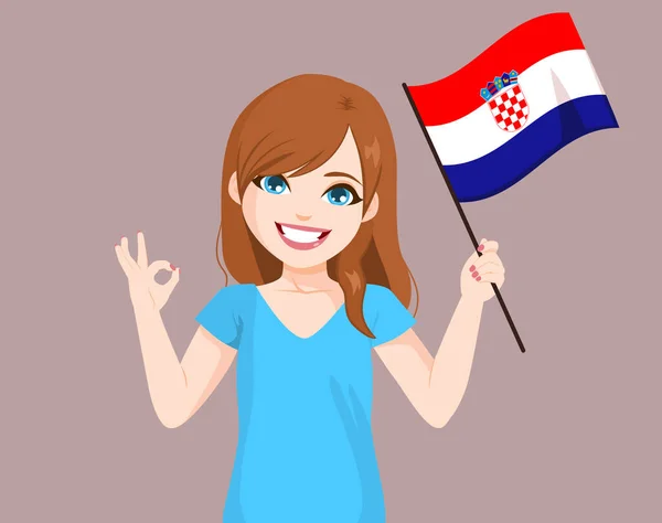 아름다운 크로아티아 크로아티아 국기를 흔들며 미소를 있습니다 — 스톡 벡터