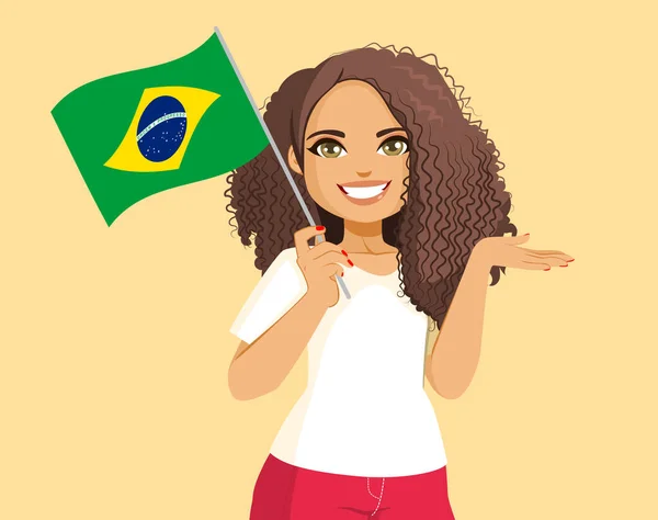 Mulher Brasileira Bonita Acenando Com Bandeira Brasil Fazendo Gesto Mão —  Vetores de Stock