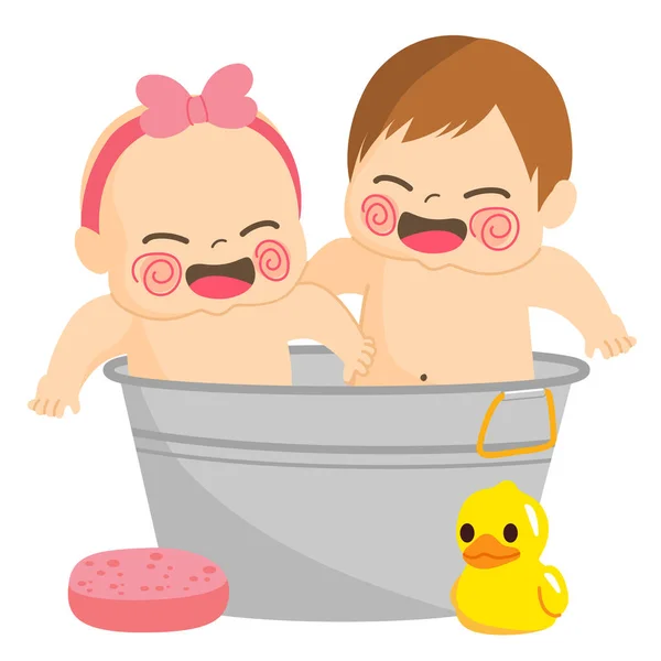 Two Cute Happy Funny Baby Siblings Bathing Metal Tin Bath — Stock Vector