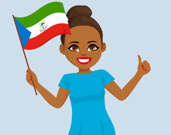 Young Happy Beautiful Equatoguinean Woman Holding Equatorial Guinea Flag — Stock Vector