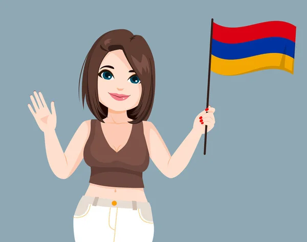 美丽的黑发亚美尼亚妇女举着亚美尼亚国旗挥手致意 — 图库矢量图片