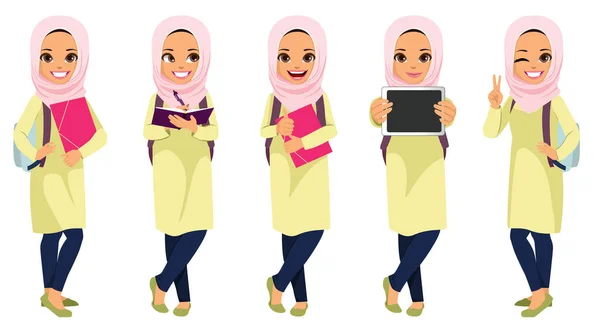 Collection Pose Différente Étudiante Adolescente Musulmane — Image vectorielle