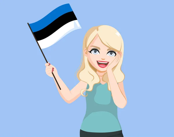 Mulher Estoniana Loira Atraente Com Mão Rosto Acenando Bandeira Estónia — Vetor de Stock