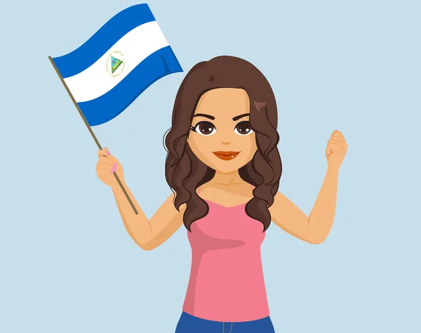 Belle Jeune Femme Brune Nicaraguayenne Tenant Drapeau Nicaragua Avec Poing — Image vectorielle