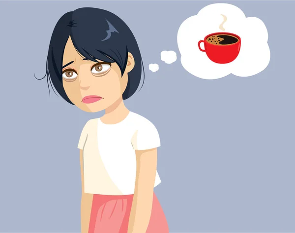 Giovane Stanca Donna Asiatica Pensando Bere Caffè Ottenere Energia — Vettoriale Stock