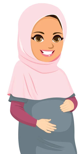 Beautiful Pregnant Muslim Woman Wearing Hijab Happy Touching Belly — Stock Vector