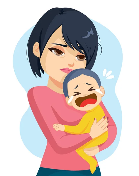 Triste Cansado Asiática Mujer Madre Sosteniendo Llorando Bebé Incapaz Dormir — Vector de stock