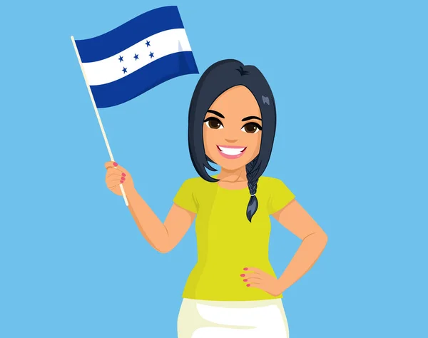 Hermosa Mujer Hondureña Morena Sosteniendo Bandera Honduras Con Mano Cadera — Archivo Imágenes Vectoriales