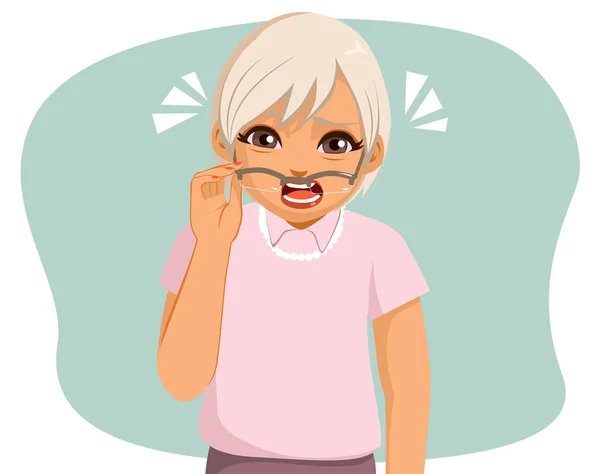 Vecchia Nonna Tenendo Gli Occhiali Strizzando Gli Occhi Vedere Problemi — Vettoriale Stock