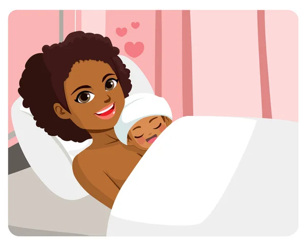 Νεαρή Χαρούμενη Χαμογελαστή Μαύρη Γυναίκα Νεογέννητο Αναπαύεται Στο Κρεβάτι Του — Διανυσματικό Αρχείο