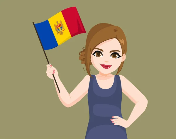 Schöne Moldawische Frau Schwenkt Moldawische Flagge Mit Der Hand Auf — Stockvektor
