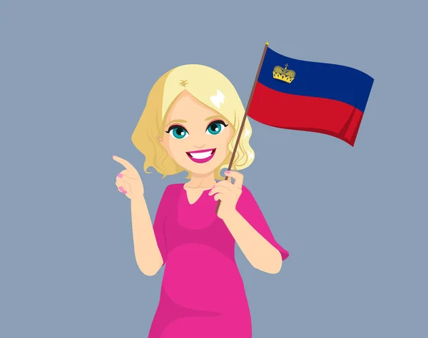 Feliz Joven Rubia Pelo Rizado Mujer Blanca Sosteniendo Bandera Liechtenstein — Archivo Imágenes Vectoriales