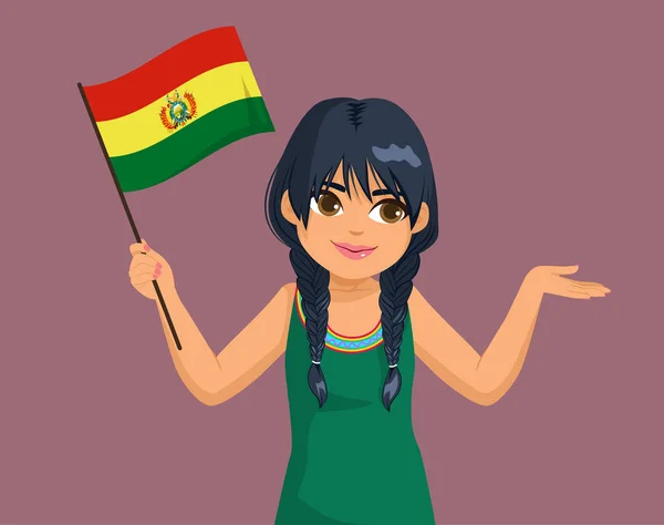 Belle Longue Tresse Femme Bolivienne Agitant Drapeau Bolivien Tout Faisant — Image vectorielle