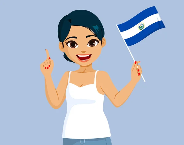 Belle Femme Salvadorienne Souriante Heureuse Tenant Drapeau Salvador Faisant Geste — Image vectorielle