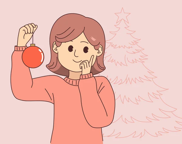 Szczęśliwa Kobieta Robi Gest Myślenia Trzymając Dużą Czerwoną Piłkę Świąteczną — Wektor stockowy