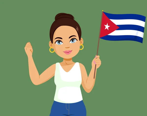 Hermosa Mujer Cubana Sonriente Feliz Con Peinado Bollo Sosteniendo Bandera — Vector de stock