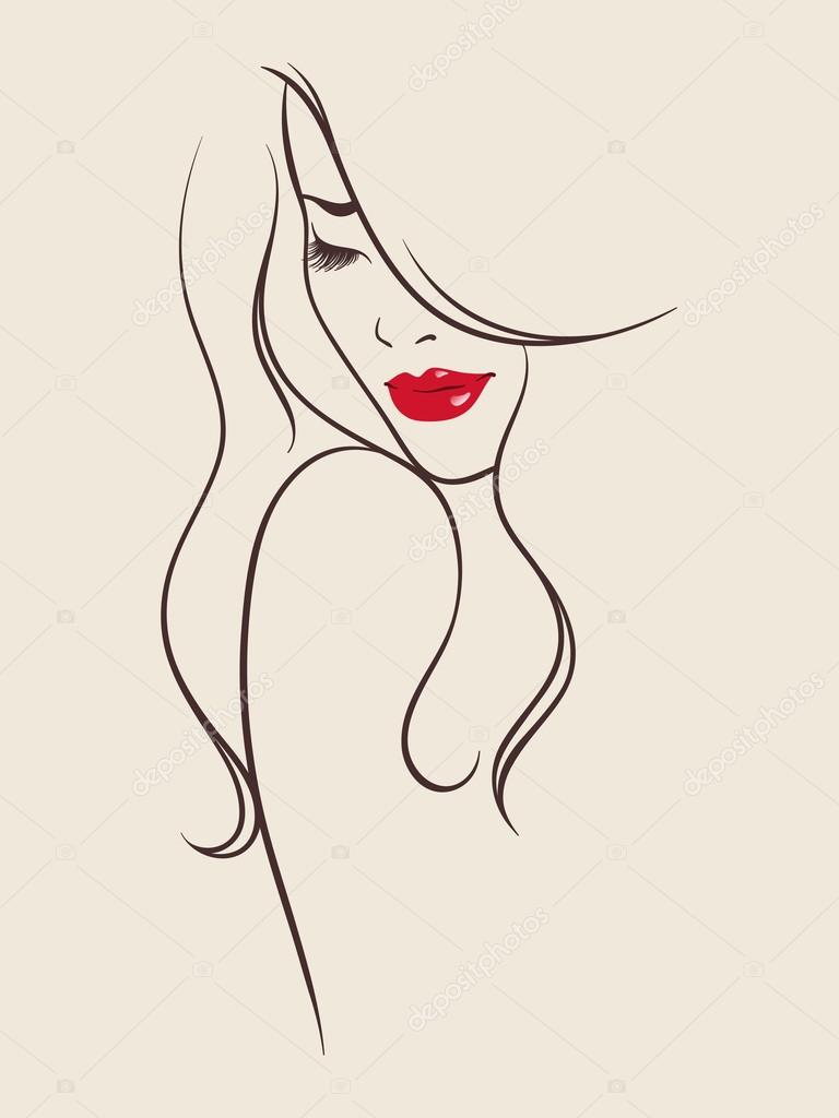 Beauty salon design. Portrait of pretty young woman with long beautiful eyelashes and bright red lips. Vector illustration