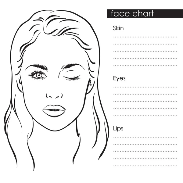 Hermoso retrato de mujer. Carta facial Maquillaje Artista Plantilla en blanco. Ilustración vectorial. — Vector de stock