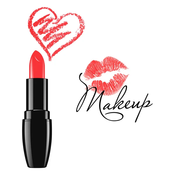 Make-up rode lippenstift en doodle hart geïsoleerd vectorillustratie — Stockvector