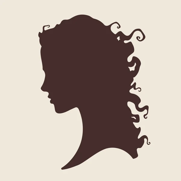 Vector illustratie silhouet van mooi krullend meisje in profiel geïsoleerd. Schoonheidssalon of haar logo-ontwerp van een product — Stockvector