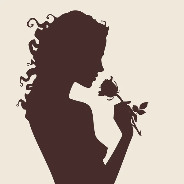 Silhueta de ilustração vetorial de menina encaracolado bonito com flor de rosa no perfil isolado —  Vetores de Stock