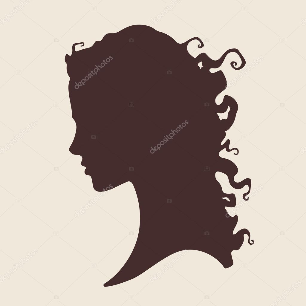 Vector illustration silhouette of beautiful curly girl in profile isolated. Beauty salon or hair product logo design