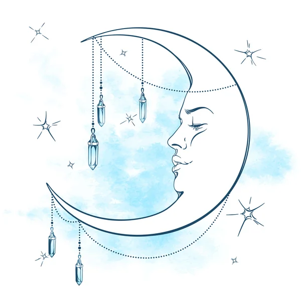 Luna creciente azul con colgantes de piedra lunar e ilustración de vectores de estrellas — Vector de stock