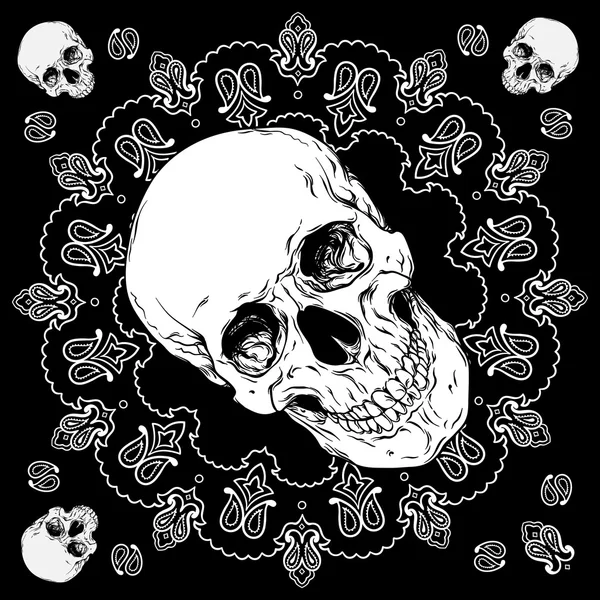 Bandana black and white design with skull and paisley ornament Vector — Stock Illustration Bandana black and white design with skull and paisley ornament Vector Stock Vector