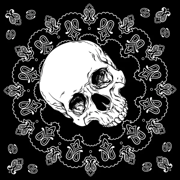 Bandana disegno in bianco e nero con teschio e ornamento paisley Vettore — Vettoriale Stock