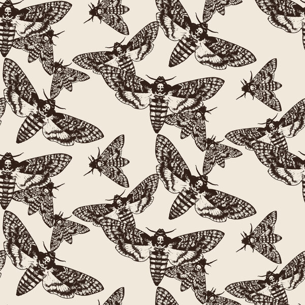 Ручной рисунок Deaths head hawk moths seamless pattern illustration. Оберточная бумага или ткань
