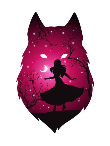 Double Exposure Silhouette Wolf Shadow Beautiful Woman Night Forest Crescent — Stock Vector