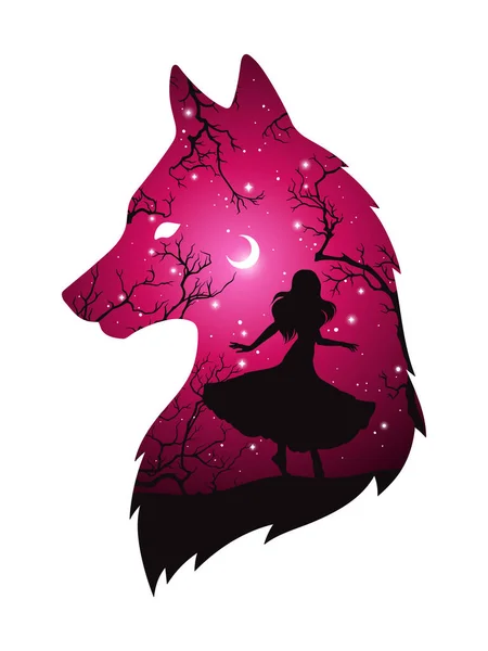 Double Exposure Silhouette Wolf Shadow Beautiful Woman Night Forest Crescent — Stock Vector