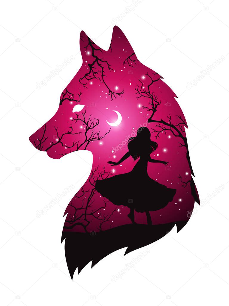 Double exposure silhouette of wolf with shadow of beautiful woman in the night forest, crescent moon and stars. Sticker or tattoo design vector illustration. Pagan totem, wiccan familiar spirit art.