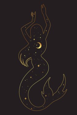 Hilal ay ve yıldızlı güzel bir deniz yıldızı silueti. Boho şık dövme, çıkartma veya yazdırma vektör çizimi