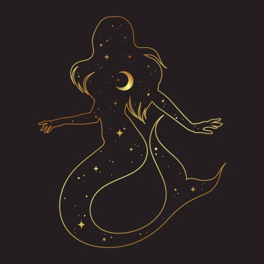 Hilal ay ve yıldızlı güzel bir deniz yıldızı silueti. Boho şık dövme, çıkartma veya yazdırma vektör çizimi