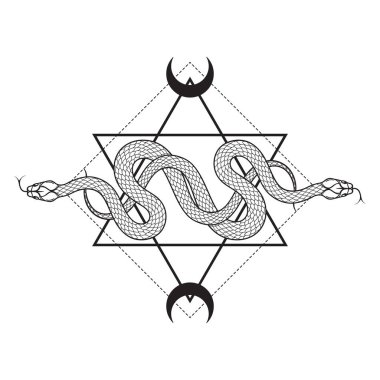 Altı köşeli yıldız çizgisi üzerinde iki yılan. Boho şık dövme, poster, goblen ya da sunak duvağı desenli tasarım çizimi.