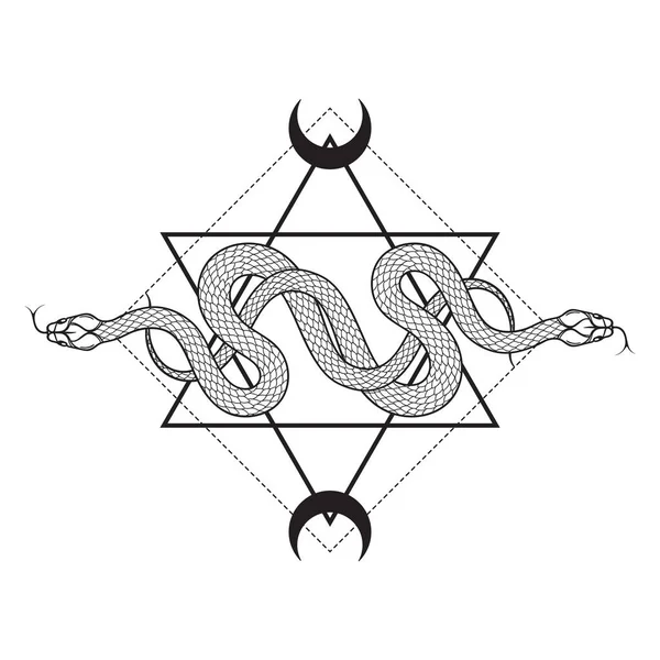Две Змеи Над Шестиконечной Звездой Рисуют Шикарную Татуировку Плакат Гобелен — стоковый вектор