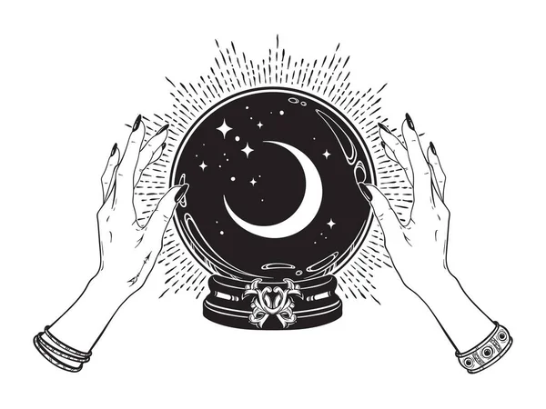 Magic Crystal Ball Crescent Moon Stars Hands Fortune Teller Line — Stock Vector