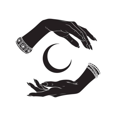 Hand drawn female witch hands holding crescent moon. Flash tattoo, sticker, patch or print design vector illustration clipart