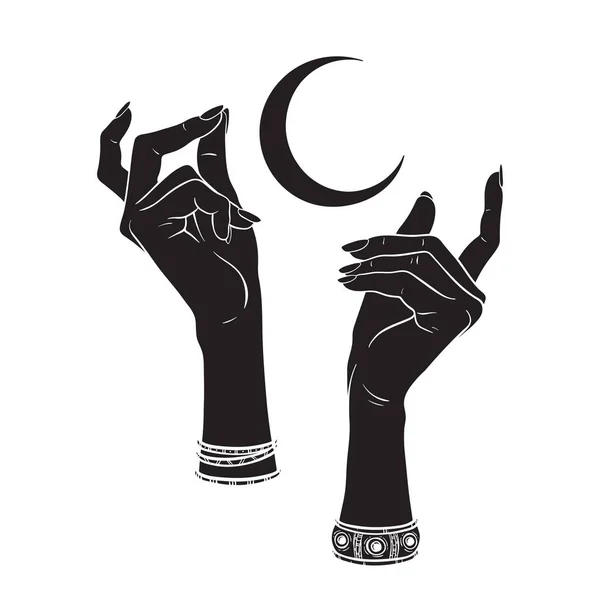 Hand Drawn Female Witch Hands Holding Crescent Moon Flash Tattoo — Stock Vector