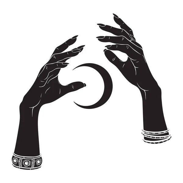 三日月を手に女性魔女の手を描いた フラッシュタトゥー ステッカー パッチまたはプリントデザインベクトルイラスト — ストックベクタ