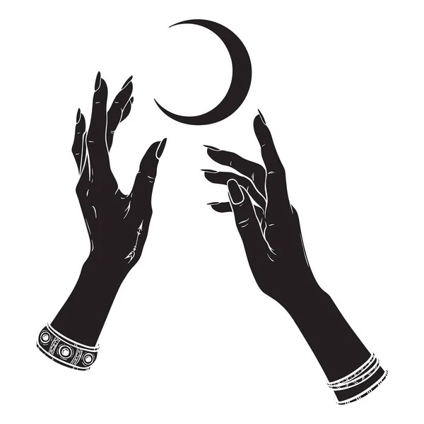 Hand Drawn Female Witch Hands Holding Crescent Moon Flash Tattoo — Stock Vector
