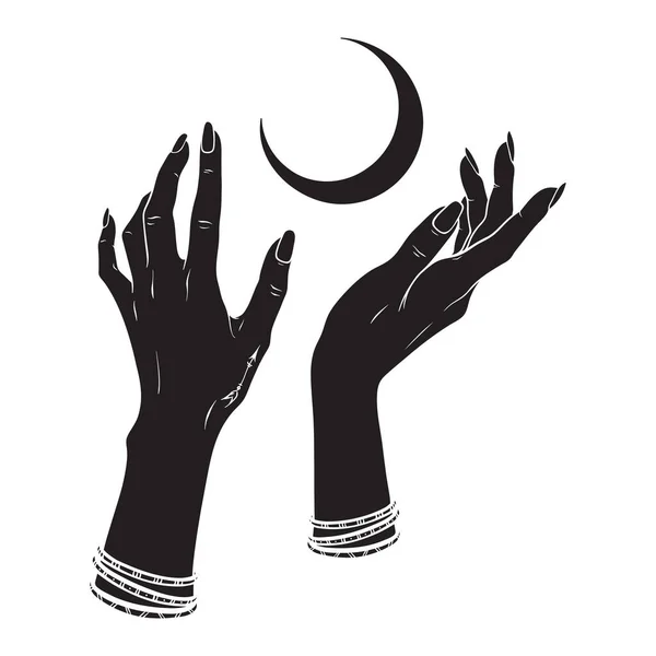 Handgetekende Vrouwelijke Heksenhanden Die Halve Maan Vasthouden Flash Tatoeage Sticker — Stockvector